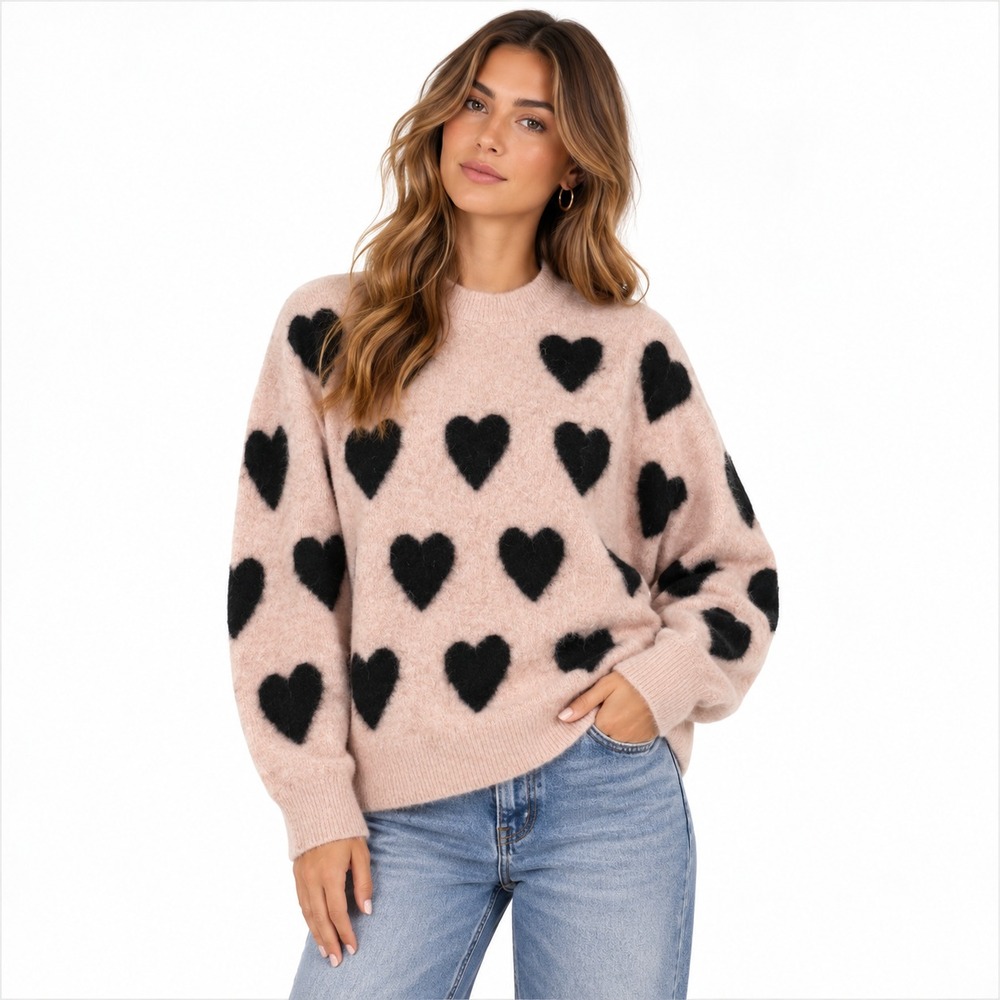AllSaints Amora Sweater Womens Pink Black Heart Alpaca Wool Jacquard W043KC